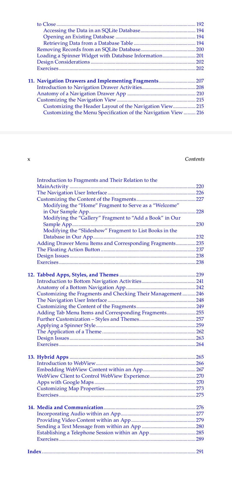 Pu&ograve; includere: Una pagina di indice in bianco e nero tratta da un libro tecnico. Il testo elenca il capitolo 11, Navigation Drawers and Implementing Fragments, il capitolo 12, Tabbed Apps, Styles, and Themes, il capitolo 13, Hybrid Apps e il capitolo 14.