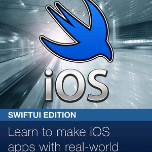 May include: A book cover titled Hacking with Swift, SwiftUI Edition by Paul Hudson. It features a blue Swift bird logo above the silver text iOS, set against a blurred architectural background with white text on a dark blue base.