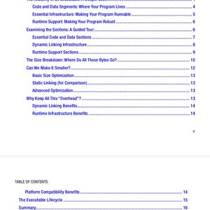 May include: A black and white table of contents page from a technical book. The text lists chapters and subheadings including About the Author, Introduction, Chapter 1: Why Is My Hello World So Big?, and Chapter 2: ELF: Demystifying the Executable Format.