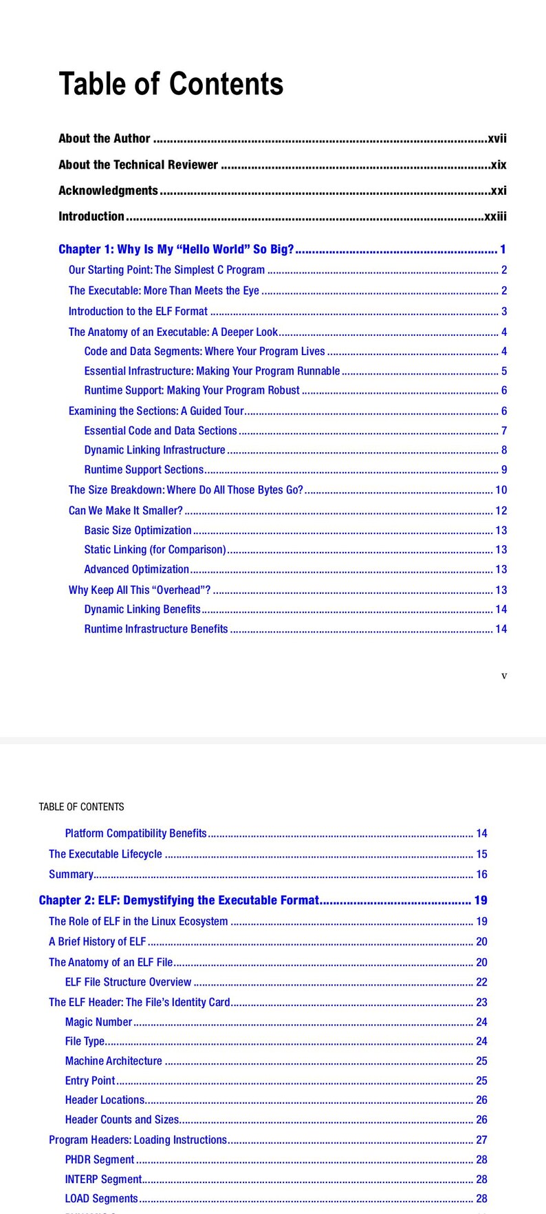 May include: A black and white table of contents page from a technical book. The text lists chapters and subheadings including About the Author, Introduction, Chapter 1: Why Is My Hello World So Big?, and Chapter 2: ELF: Demystifying the Executable Format.
