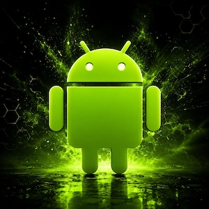 Op de afbeelding: Een fel limoengroen Android-robotlogo gecentreerd tegen een donkere achtergrond met gloeiende groene lichteffecten en vage zeshoekige patronen. De iconische figuur heeft een ronde kop met twee antennes, twee ronde ogen en een rechthoekig lichaam.