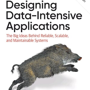 Op de afbeelding: Een boek getiteld Designing Data-Intensive Applications, 2nd Edition, door Martin Kleppmann en Chris Riccomini. De witte kaft bevat het O'Reilly-logo en een gedetailleerde illustratie van een wild zwijn in galop, weergegeven in grijstinten.