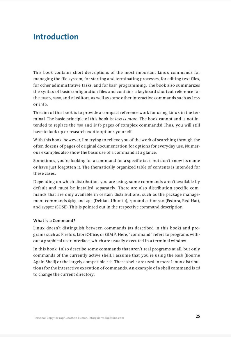 May include: A page from a technical book titled Introduction, featuring black text on a white background. The content explains Linux commands, terminal usage, and shell environments, including references to bash, zsh, and package managers.