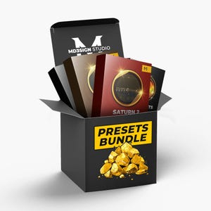 Pode incluir: Uma caixa de papelão preta com o rótulo PRESETS BUNDLE e um gráfico de pepitas de ouro. Dentro há várias caixas retangulares de software, incluindo uma rotulada como SATURN 2 com um emblema dourado e o logotipo MD3SIGN STUDIO.