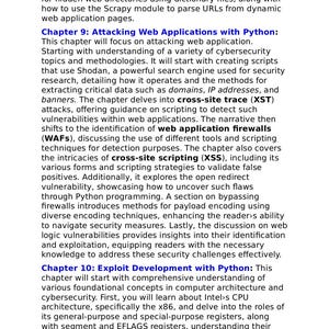 Op de afbeelding: Een tekstpagina met de titels Chapter 9: Attacking Web Applications with Python en Chapter 10: Exploit Development with Python. De tekst beschrijft cybersecurity-onderwerpen zoals Shodan, XST-aanvallen, web-firewalls en CPU-architectuur.