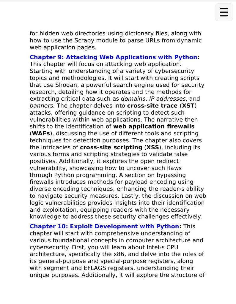 Op de afbeelding: Een tekstpagina met de titels Chapter 9: Attacking Web Applications with Python en Chapter 10: Exploit Development with Python. De tekst beschrijft cybersecurity-onderwerpen zoals Shodan, XST-aanvallen, web-firewalls en CPU-architectuur.