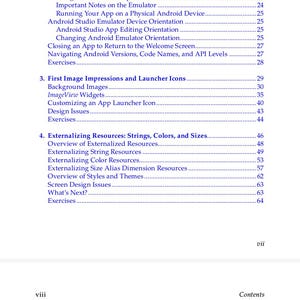 Pu&ograve; includere: Una pagina dell'indice di un libro intitolata Contents, che elenca i capitoli da 1 a 6 con sottotitoli e numeri di pagina. Il capitolo 1 copre l'introduzione, 2 le app native Android, 3 le prime impressioni sull'immagine, 4 le risorse esternalizzate, 5 l'interazione con gli utenti e 6 i layout.