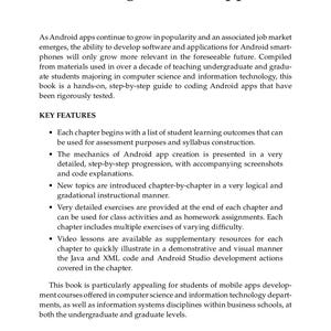 Pu&ograve; includere: Una pagina bianca con testo nero intitolata Coding Android Apps. Fornisce una panoramica dettagliata di un libro di testo per studenti di informatica, delineando le caratteristiche principali, i risultati di apprendimento e il background professionale dell'autrice, Margaret Kozak Polk, PhD.