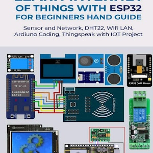 Op de afbeelding: Een educatieve gids getiteld LEARN INTERNET OF THINGS WITH ESP32 FOR BEGINNERS HAND GUIDE. De afbeelding toont diverse elektronische componenten, waaronder een ESP32-bord, RFID-RC522-module, LCD-scherm en sensoren verbonden door bedradingsschema's.