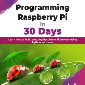 May include: A book cover titled Programming Raspberry Pi in 30 Days by Edgardo Peregrino. The cover features three red ladybugs with black spots, each holding a small green umbrella while walking along a green blade of grass with water droplets.