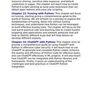 Op de afbeelding: Een pagina met tekst over technische hoofdstukken. Hoofdstuk 13: Fuzzing with Python behandelt fuzzing-technieken en het maken van tools voor webapplicaties. Hoofdstuk 14: ChatGPT with Python beschrijft het gebruik van ChatGPT voor cyberbeveiliging.