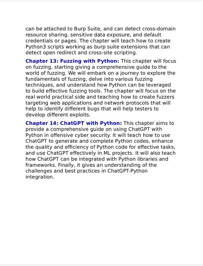 Op de afbeelding: Een pagina met tekst over technische hoofdstukken. Hoofdstuk 13: Fuzzing with Python behandelt fuzzing-technieken en het maken van tools voor webapplicaties. Hoofdstuk 14: ChatGPT with Python beschrijft het gebruik van ChatGPT voor cyberbeveiliging.