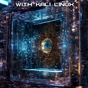 Op de afbeelding: Een boekomslag met de titel PASSWORD CRACKING WITH KALI LINUX door DANIEL W. DIETERLE @Cyberarms. Het ontwerp toont een gloeiend blauw en goud digitaal circuitpatroon dat een centraal cirkelvormig portaal vormt in een complex, donker kader.