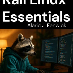 Op de afbeelding: Een boekomslag getiteld Kali Linux Essentials door Alaric J. Fenwick. De afbeelding toont een wasbeer in een blauwgroene hoodie, zittend aan een bureau en werkend op een computer met twee monitoren die regels code weergeven.