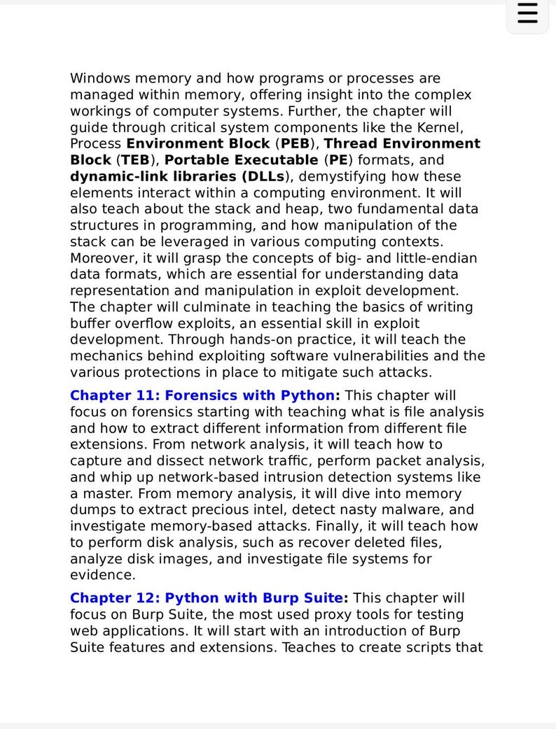 Op de afbeelding: Een pagina met technische tekst over computer-systeemprocessen, inclusief Windows-geheugenbeheer, Kernel, PE-formaten en DLL's. Het behandelt Hoofdstuk 11: Forensics met Python en Hoofdstuk 12: Python met Burp Suite, inclusief datastructuren en beveiliging.