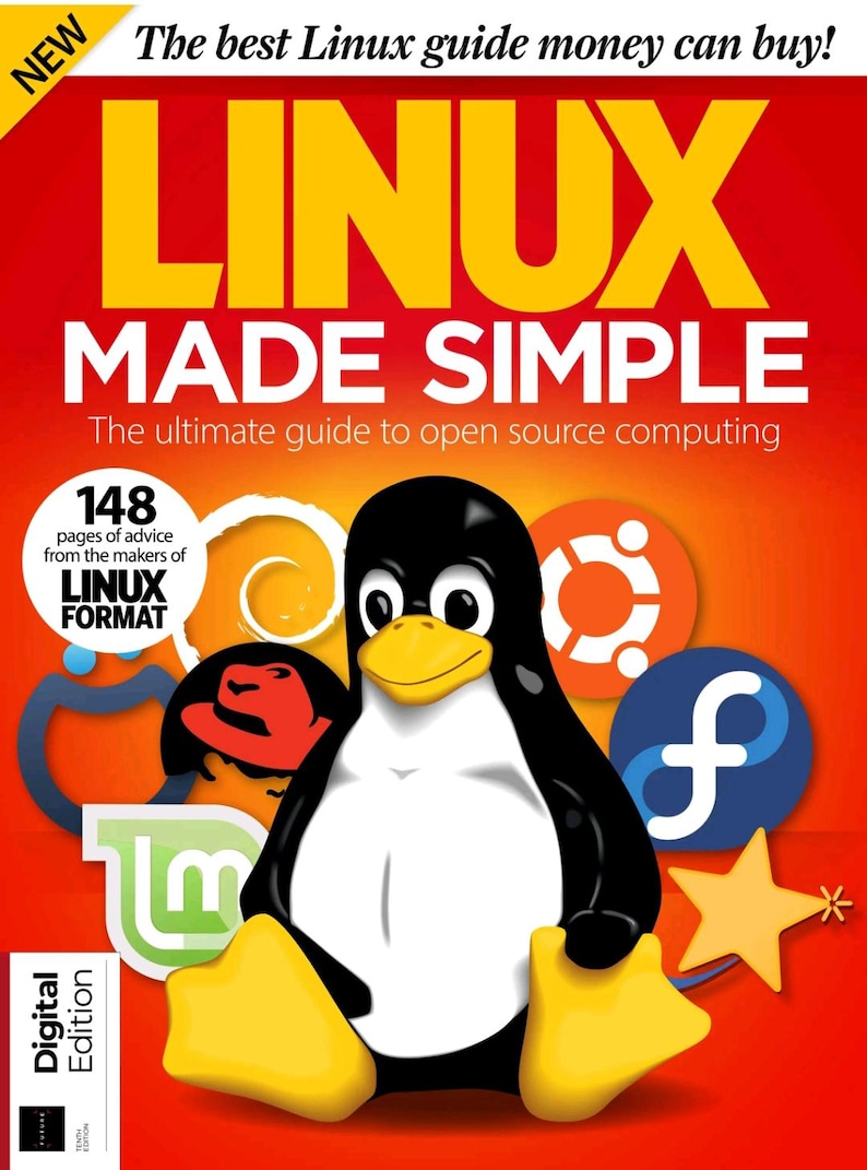 May include: A magazine cover titled Linux Made Simple with the subtitle The ultimate guide to open source computing. It features a central illustration of a black and white penguin with a yellow beak and feet, surrounded by various colorful software logos.