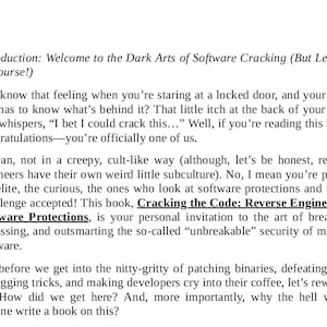 May include: A page of text titled Introduction: Welcome to the Dark Arts of Software Cracking (But Legally, of Course!). The text discusses reverse engineering and introduces the book Cracking the Code: Reverse Engineering Software Protections.