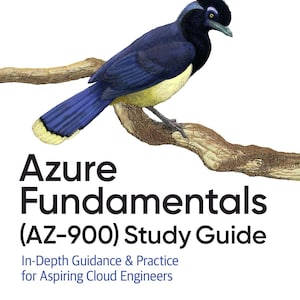May include: A book cover titled Azure Fundamentals (AZ-900) Study Guide: In-Depth Guidance & Practice for Aspiring Cloud Engineers by Jack Lee, published by O'Reilly. The cover features an illustration of a blue and yellow bird perched on a branch.