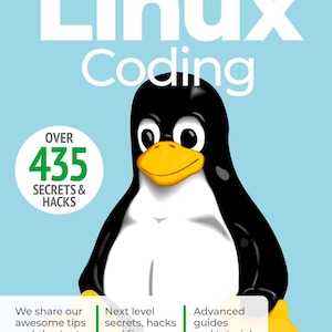 Może przedstawiać: Jasnoniebieska okładka książki zatytułowana Linux Coding Tricks & Tips z ilustracją czarno-białego pingwina. Tekst zawiera Over 435 Secrets & Hacks, We share our awesome tips and shortcuts, Next level secrets, hacks and fixes oraz Advanced guides and tutorials.