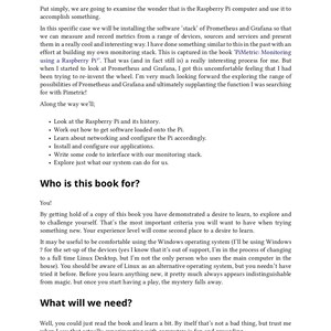 Pu&ograve; includere: Una pagina di un libro tecnico intitolata Introduction, che presenta le sezioni What are we trying to do?, Who is this book for? e What will we need?. Il testo discute l'utilizzo di un computer Raspberry Pi con il software Prometheus e Grafana.