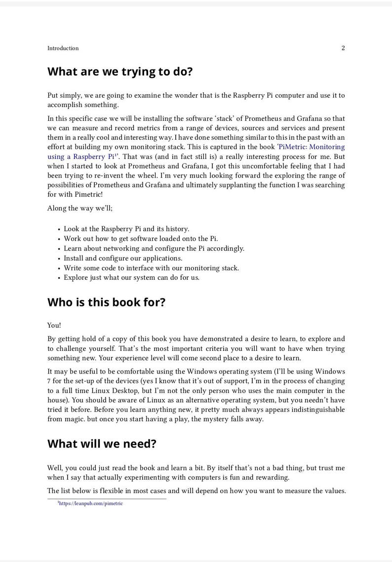Pu&ograve; includere: Una pagina di un libro tecnico intitolata Introduction, che presenta le sezioni What are we trying to do?, Who is this book for? e What will we need?. Il testo discute l'utilizzo di un computer Raspberry Pi con il software Prometheus e Grafana.