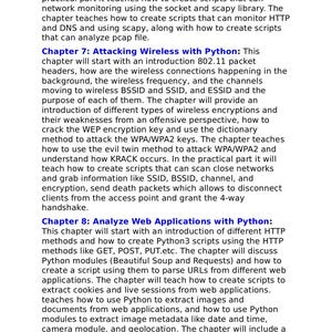 Op de afbeelding: Een tekstpagina uit een technisch boek met details over hoofdstuk 7, Attacking Wireless with Python, en hoofdstuk 8, Analyze Web Applications with Python. De inhoud behandelt 802.11-pakketheaders, WEP- en WPA-encryptie, HTTP-methoden en Python-modules.
