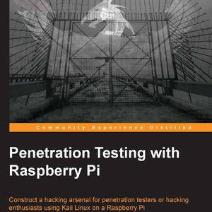 Può includere: Una copertina di libro intitolata Penetration Testing with Raspberry Pi di Joseph Muniz e Aamir Lakhani. La copertina presenta un'immagine in bianco e nero di un cancello di metallo con la sagoma di un drago su uno sfondo arancione e nero.