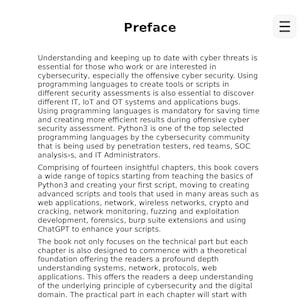 Op de afbeelding: Een witte pagina met zwarte tekst getiteld Preface. De tekst bespreekt cyberbeveiliging, offensieve beveiliging en Python3-programmering voor penetratietesten. Het schetst veertien hoofdstukken over het maken van scripts en exploitatie.