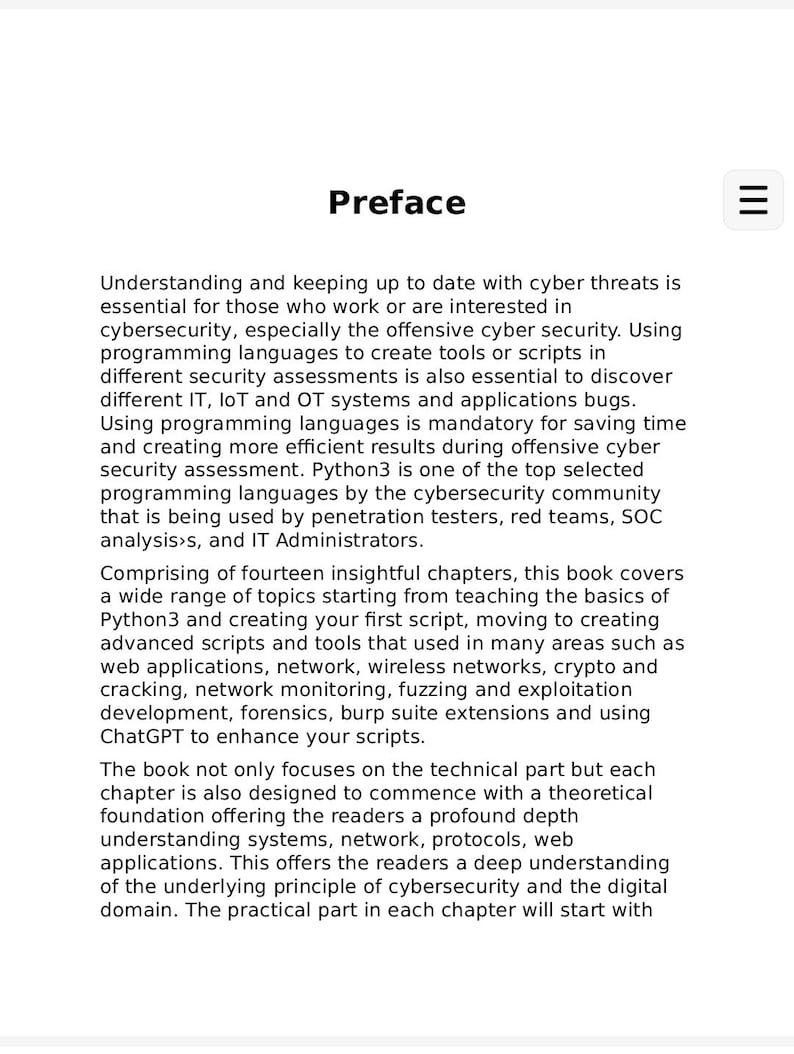 Op de afbeelding: Een witte pagina met zwarte tekst getiteld Preface. De tekst bespreekt cyberbeveiliging, offensieve beveiliging en Python3-programmering voor penetratietesten. Het schetst veertien hoofdstukken over het maken van scripts en exploitatie.