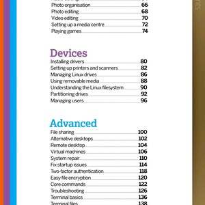 May include: A page from the book Linux Made Simple showing a table of contents with sections titled Fun, Devices, and Advanced. The text lists various technical topics and their corresponding page numbers, organized in a clear, vertical layout.