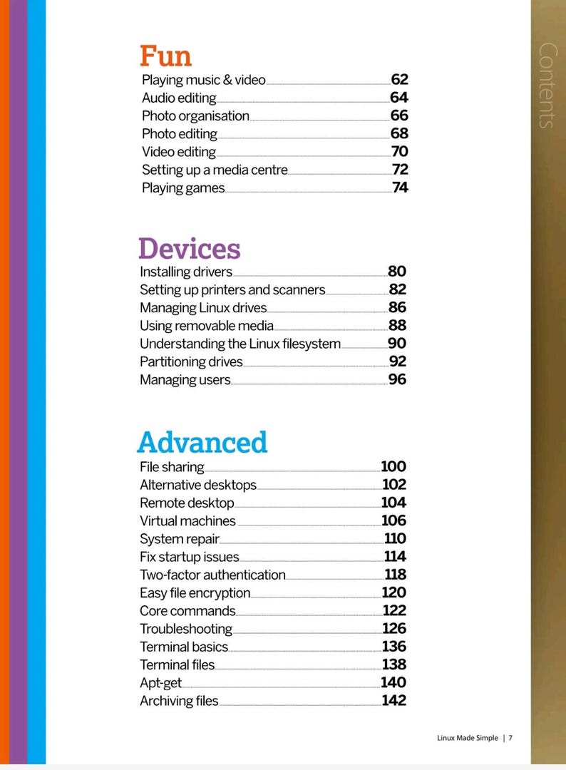 May include: A page from the book Linux Made Simple showing a table of contents with sections titled Fun, Devices, and Advanced. The text lists various technical topics and their corresponding page numbers, organized in a clear, vertical layout.