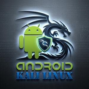 Può includere: Un logo grafico con un'icona di robot Android verde lime che tiene uno scudo con un emblema di drago, posizionato accanto a una sagoma di drago nero stilizzata. Sotto la grafica, il testo recita ANDROID in verde e KALI LINUX in blu.