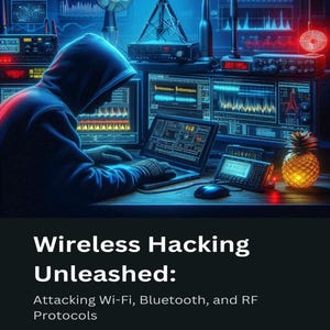 Può includere: Una figura incappucciata seduta a una scrivania con un portatile, circondata da apparecchiature radio, antenne e monitor con dati. Il testo recita: Wireless Hacking Unleashed: Attacking Wi-Fi, Bluetooth, and RF Protocols di Zephyrion Stravos.