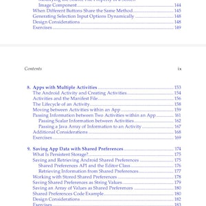 Pu&ograve; includere: Una pagina dell'indice di un libro tecnico che mostra i capitoli dal 7 all'11. Il testo elenca argomenti come il miglioramento dell'interfaccia utente con input di selezione, app con attivit&agrave; multiple e database nativi Android.