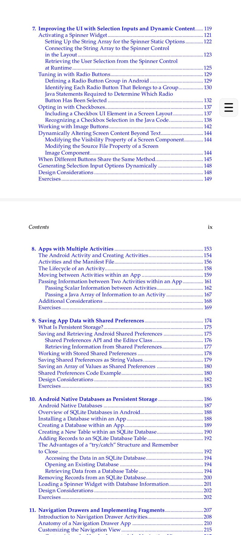 Pu&ograve; includere: Una pagina dell'indice di un libro tecnico che mostra i capitoli dal 7 all'11. Il testo elenca argomenti come il miglioramento dell'interfaccia utente con input di selezione, app con attivit&agrave; multiple e database nativi Android.