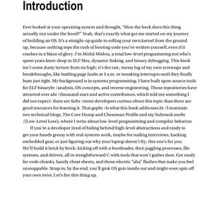 May include: A page from a technical book titled Introduction, featuring black text on a white background. The content discusses operating system development, low-level programming, ELF files, and system architecture. The page number xxiii is at the bottom.