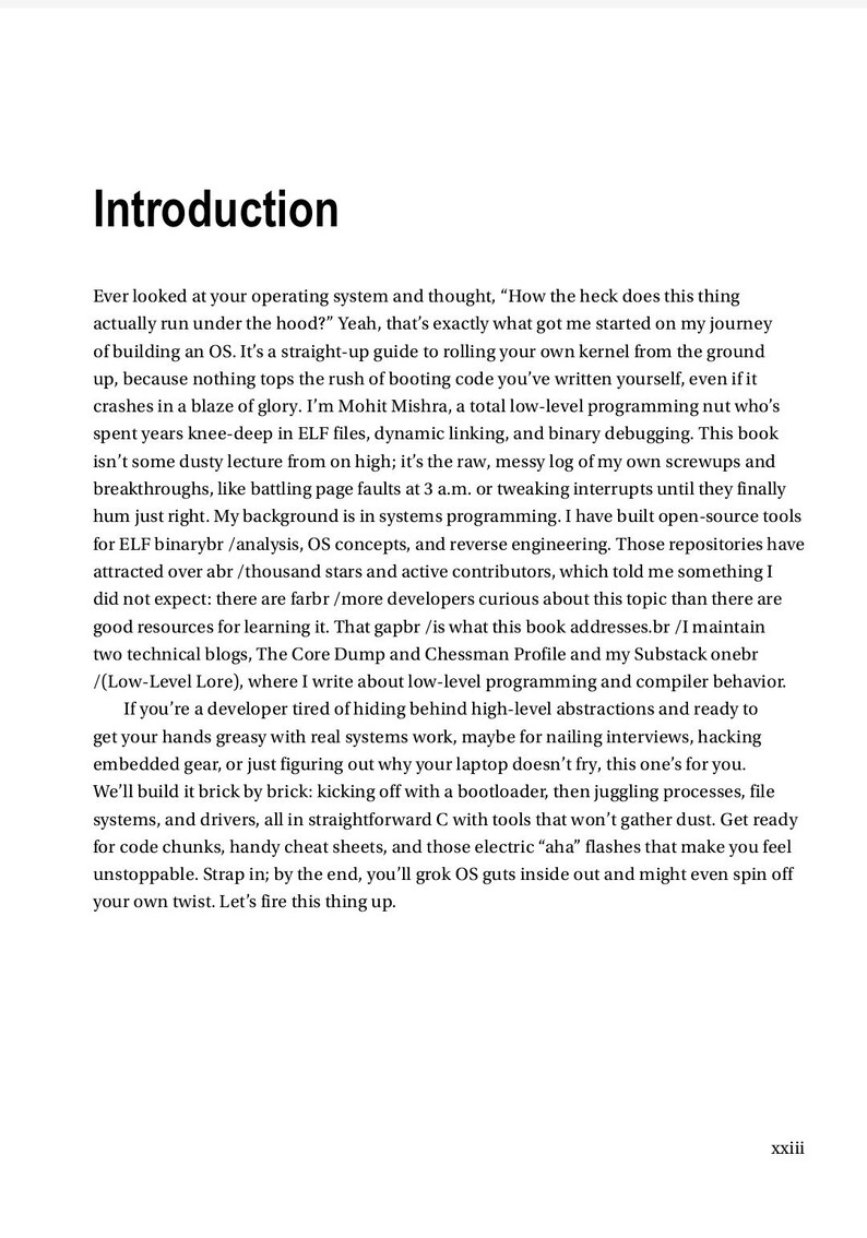 May include: A page from a technical book titled Introduction, featuring black text on a white background. The content discusses operating system development, low-level programming, ELF files, and system architecture. The page number xxiii is at the bottom.