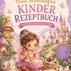 Könnte beinhalten: Ein Buchcover mit dem Titel MiniMomente Mein zauberhaftes Kinder Rezeptbuch, das eine Fee beim Rühren in einer Schüssel, einen Pfannkuchenstapel, einen Teddybären und einen Hasen vor einem Schloss und einem Pilzhaus zeigt.