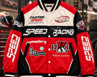 Giacca stile college con grafica da corsa, bomber motorsport rosso e nero, giacca streetwear vintage da velocità, giacca da corsa retrò, regalo unisex