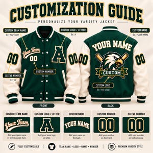 May include: A customisation guide for a varsity jacket showing front and back views of a dark green and white garment. The jacket features a letter A, numbers 00, and an eagle graphic with baseball bats. Text includes CUSTOMISATION GUIDE.