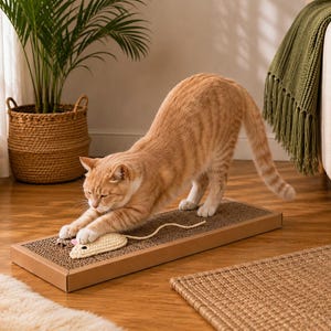 May include: A rectangular brown cardboard cat scratcher pad with a textured surface. A small, cream-coloured crocheted toy mouse with a long tail is positioned on the scratcher, while an orange tabby cat stretches its front paws across the pad.