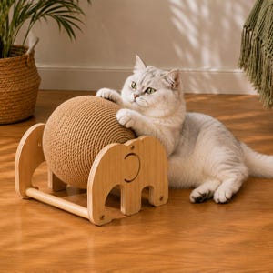 Interactive Cat Scratcher Toy, Sisal Scratch Ball with Wooden Elephant Frame, Cat Exercise & Play Toy
