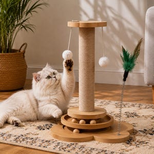 May include: A light-colored cat toy featuring a central sisal-wrapped scratching post, a multi-tiered wooden base with rolling wooden balls, two hanging white pom-poms, and a spring-mounted green feather wand attached to the flower-shaped base.