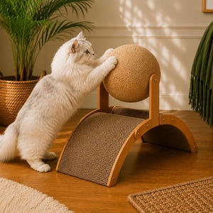 Puede incluir: Un gato de pelaje claro y largo se apoya en sus patas traseras para arañar una bola de sisal beige montada sobre un marco de madera. La estructura incluye una superficie rascadora de cartón marrón texturizado y curvado con patas de madera.