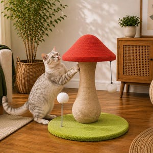 May include: A mushroom-shaped cat scratching post with a red cap and a beige sisal-wrapped stem, set on a circular green carpeted base. The structure includes two white hanging pom-pom toys, one attached to the cap and one on a spring.