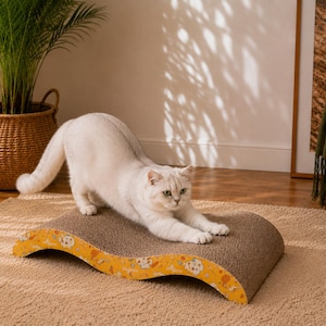 Puede incluir: Un gato blanco se estira sobre un rascador curvo de cartón corrugado marrón. El rascador cuenta con paneles laterales amarillos decorados con un patrón repetitivo de pequeñas caras de gato y huellas, ofreciendo una superficie texturizada.