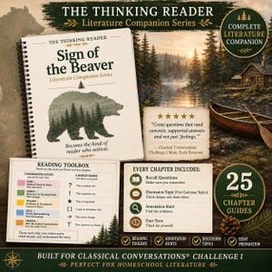 May include: A spiral-bound literature companion book titled Sign of the Beaver with a bear silhouette graphic. Includes a reading toolbox card detailing highlighter colors and margin marks, plus a chapter guide card listing recall questions.
