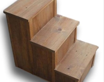 May include: Wooden pet steps with three steps. The steps are made of natural wood and have a light brown color.