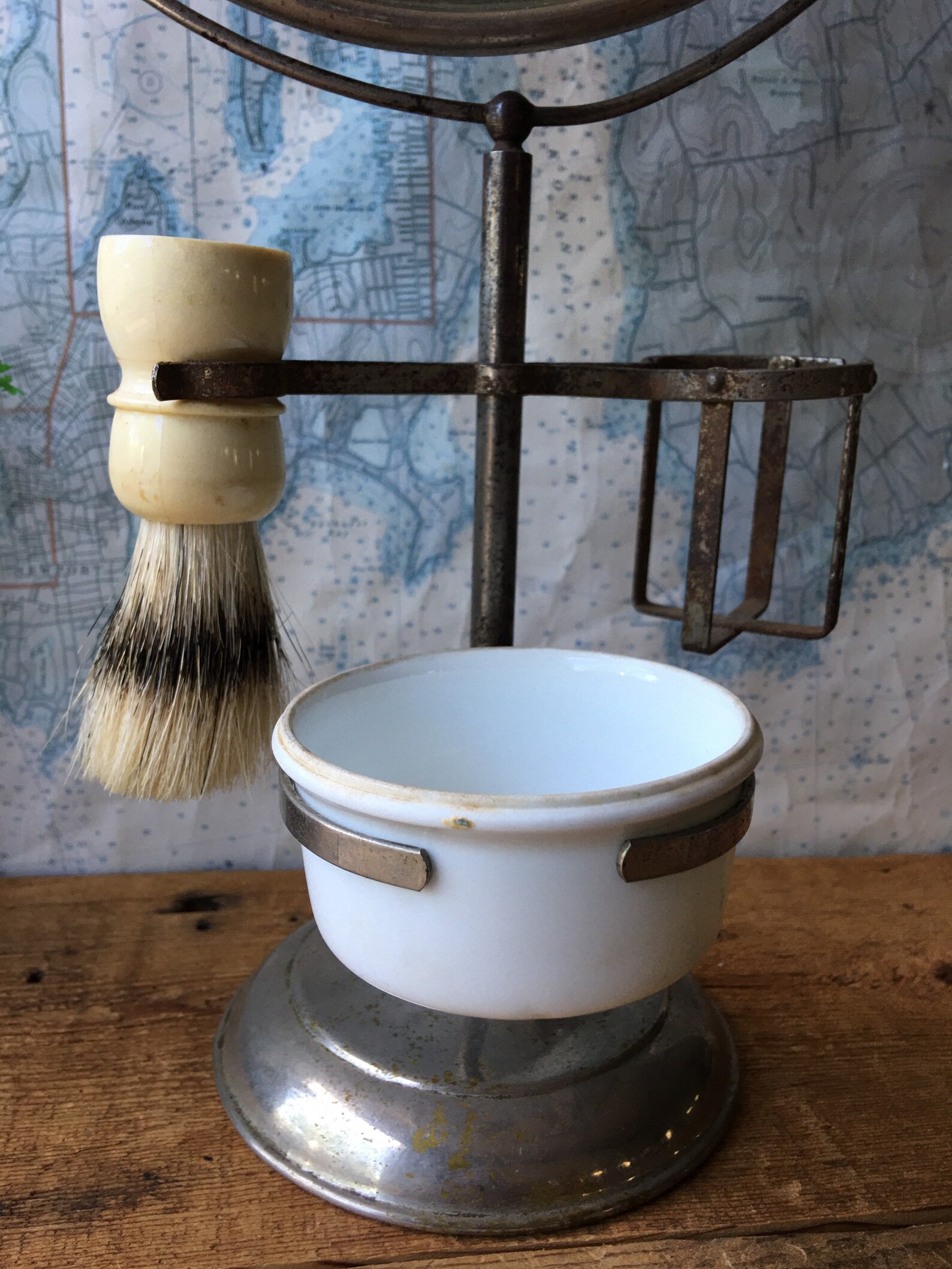 Antique vintage shaving mirror with bowl and brush. Chrome Etsy