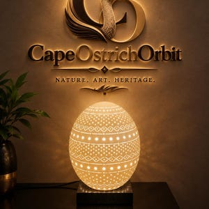 Op de afbeelding: Een verlichte eivormige lamp met ingewikkelde lasergesneden geometrische patronen staat op een donkere vierkante voet. Daarboven toont een wandbord de tekst Cape OstrichOrbit, Nature. Art. Heritage. met een logo van een struisvogelkop.